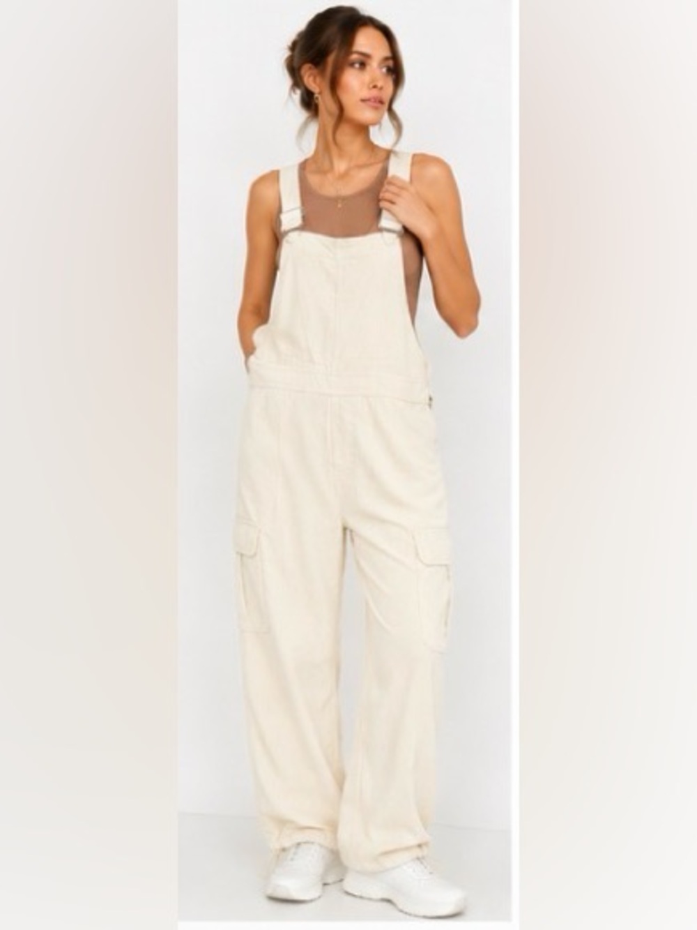 HYFVE NWOT Cream Corduroy Cargo Overalls Jumpsuit Size Small Adjustable Hem